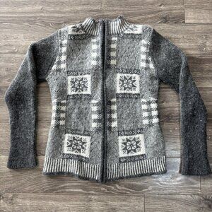 VTG Wool Sweater Womens M Grey Angora Cardigan Full Zip Nordic Fair Isle READ